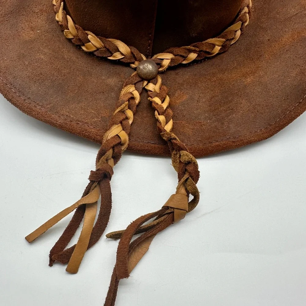 Vintage Brown Suede Leather Cowboy Hat Braided Band Concho Western Mexico Hat L